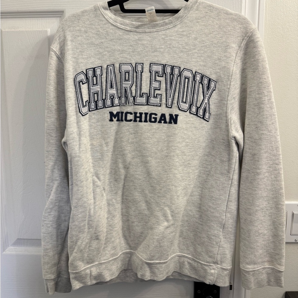 Gildan Boxy Gray Sweatshirt with Charlevoix Michigan Print